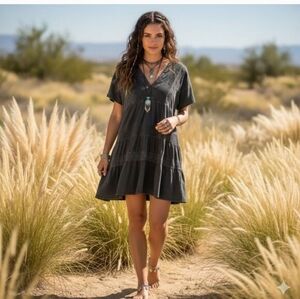 Lucky Brand Boho Tiered Babydoll Mini Dress Gray Lace V-Neck Small